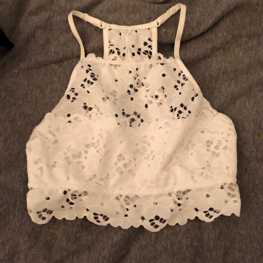 White Aerie lace high neck bralette.